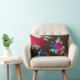 Almofada Lombar Padrão Floral Vermelho Azul Elegante em Marrom Esc