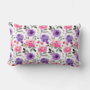 Almofada Lombar Padrão Floral Vibrante em Aquarela em Rosa e Roxo