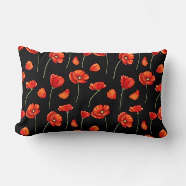 Almofada Lombar padrão preto de papoila (Frente)