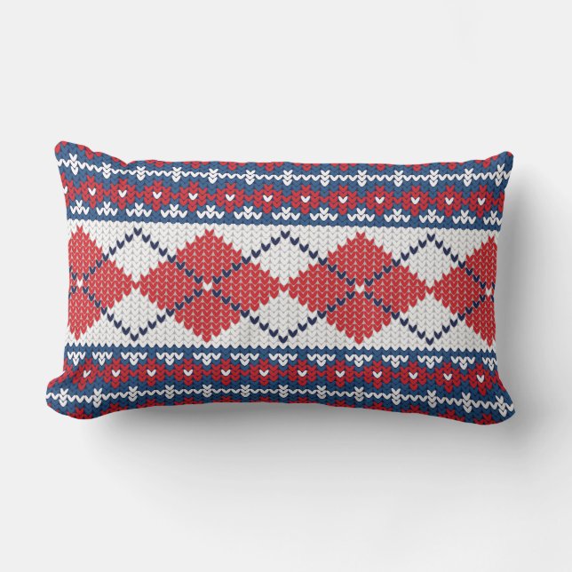 Almofada Lombar Padrão Red Blue & White Nordic Fair Isle Argyle (Frente)