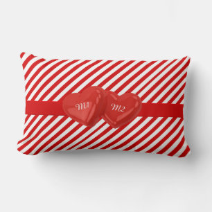 Almofada Lombar Padrão Vermelho Striped Monograma com Corações