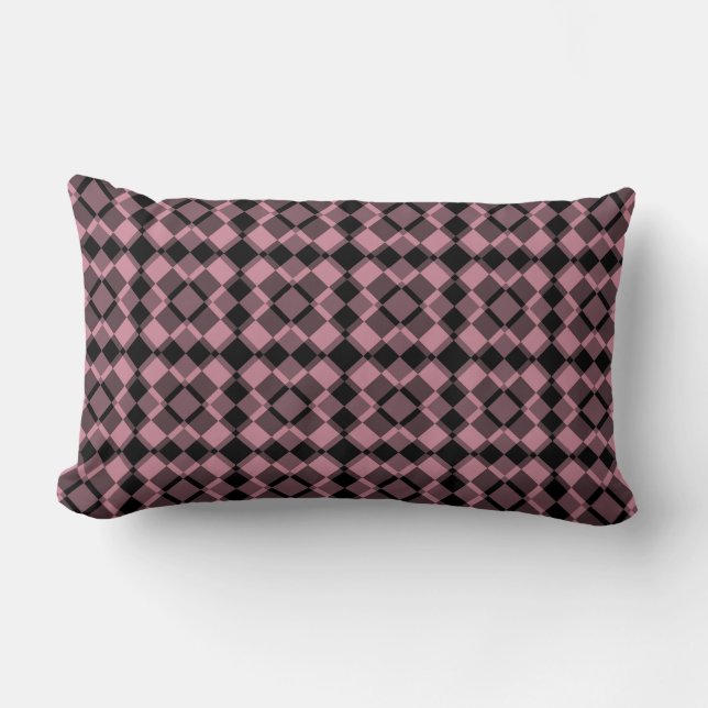 Almofada Lombar Padrão Xadrez Argyle Preto Rosa (Frente)
