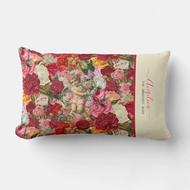 Almofada Lombar Padrões de Cherub e Rosas de Rosa mais doce (Frente)