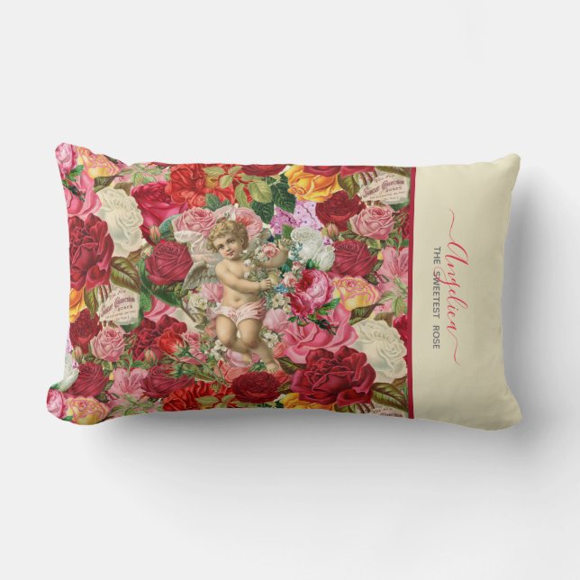 Almofada Lombar Padrões de Cherub e Rosas de Rosa mais doce (Frente)