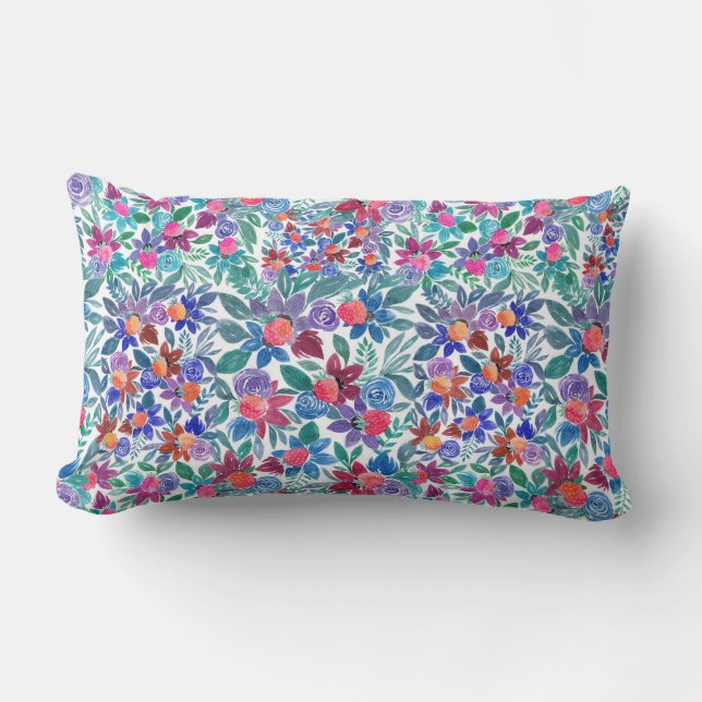 Almofada Lombar País Morangos Florais Padrão de Aquarelas (Frente)