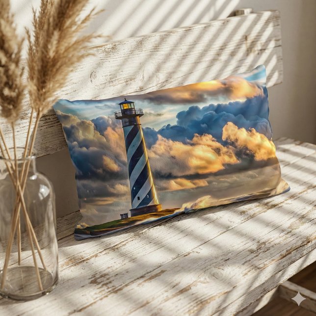 Almofada Lombar Paisagem Marítima de Farol Dramático com Ondas Tem (Dramatic Lighthouse Seascape with Stormy Waves Lumbar Pillow Mockup 1)