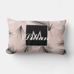 Almofada Lombar Palmas Preto Branco Tom Terroso Rosa Monogramada