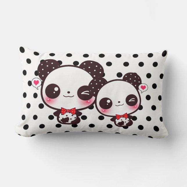 Almofada Lombar Pandas de Kawaii em bolinhas pretas (Frente)