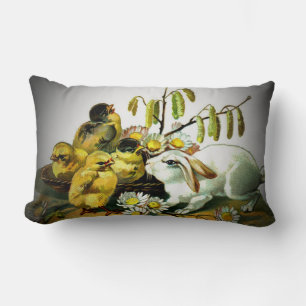 Almofada Lombar Páscoa Vintage Coelho Branco e Pintinhos Bebês, ZS