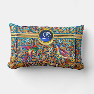 ALMOFADA LOMBAR PÁSSAROS COLORIDOS E MONOGRAMA AZUL DA GEMA DOS