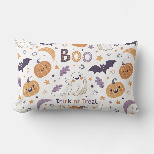 Almofada Lombar Pastel Halloween Throw Pillow – Cute Ghosts & Pump (Frente)