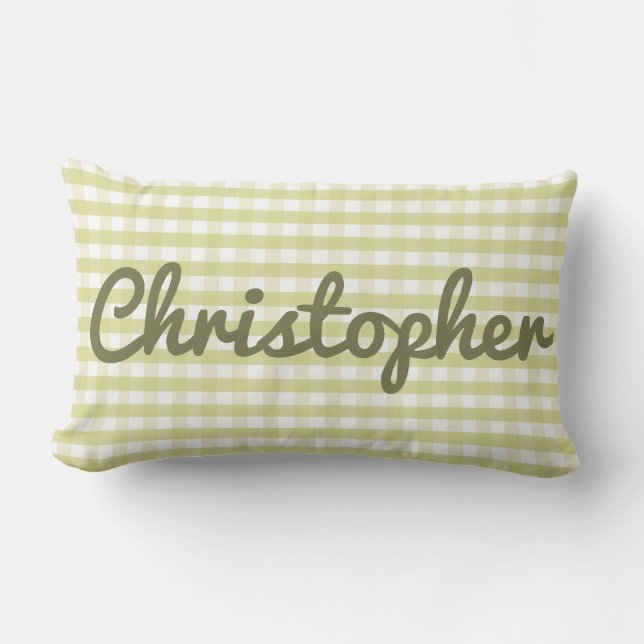 Almofada Lombar Pastel Nursery Green Gingham com nome (Frente)
