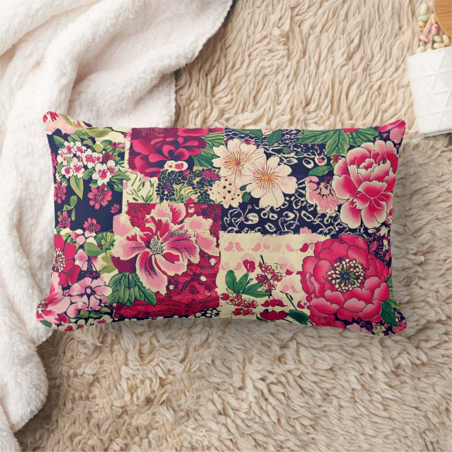 Almofada Lombar Patches de Chinoiserie Vermelha e Azul (Cobertor)