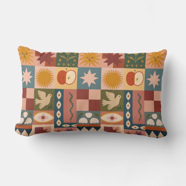 Almofada Lombar Patchwork celestial boêmica com símbolos místicos (Frente)