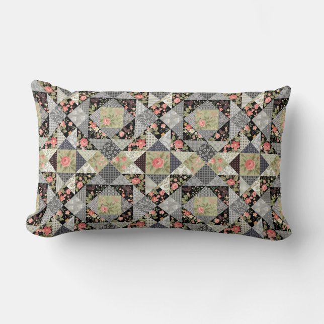 Almofada Lombar Patchwork Padrão Butterflies Flores Foliage Rosa (Frente)
