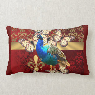 Almofada Lombar Pavão elegante do vintage e damasco vermelho
