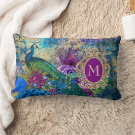 Almofada Lombar Pavão Elegante Vintage Roxo Azul Monograma