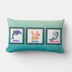 Almofada Lombar Paz, Amor e Insanidade com Animais Kawaii Cutes