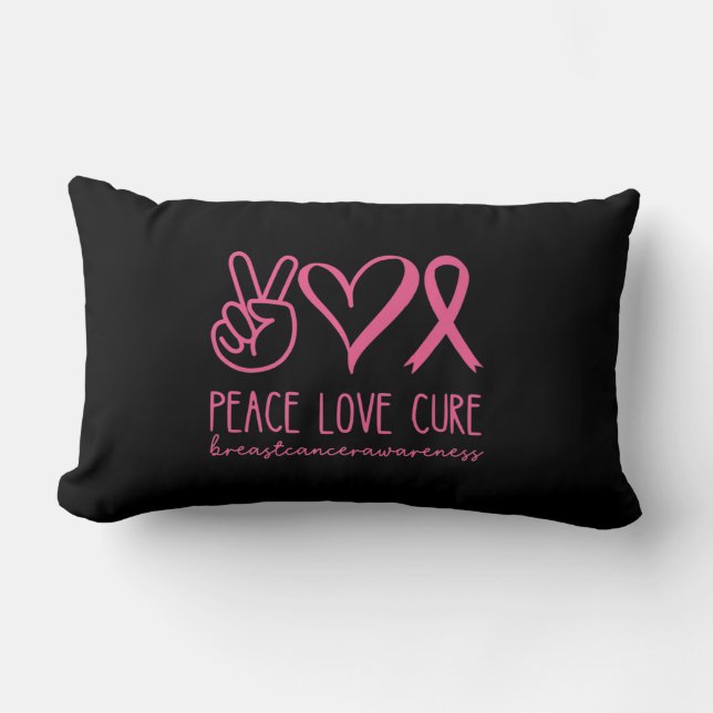Almofada Lombar Peace Love Cure Pink Ribbon Warrior Cancer (Frente)