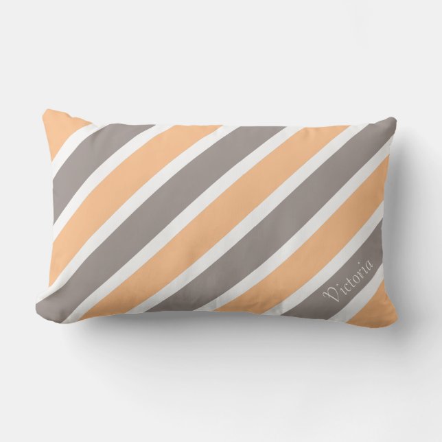 Almofada Lombar Peach Orange Cinza Stripes com Nome (Frente)