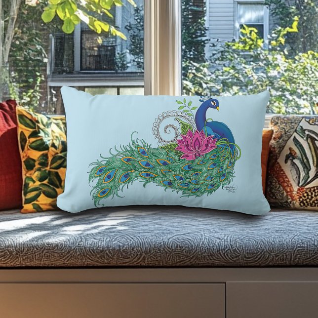 Almofada Lombar Peacock Blue Lotus Flower Henna (Criador carregado)