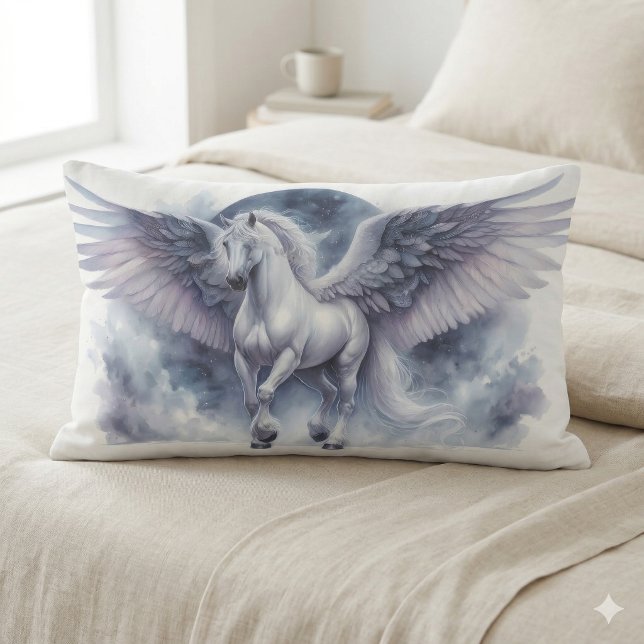 Almofada Lombar Pégaso Branco Asas ao Luar Sonho Celestial (White Pegasus Moonlit Wings Celestial Dream Lumbar Pillow)