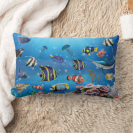 Almofada Lombar Peixes Tropicais nadando no fundo do mar