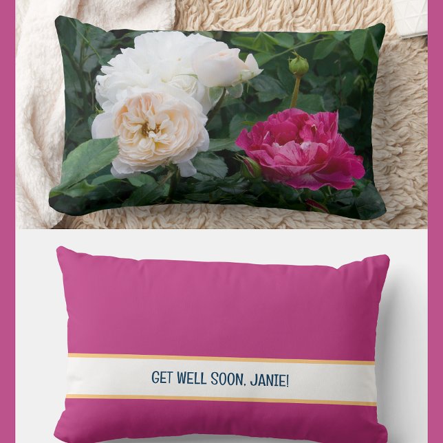 Almofada Lombar Personalizado Obtenha Bem Em Breve Rosas De Amigos (Modern, elegant Get Well Soon personalized name accent pillow. Photo of cream & streaked pink roses)