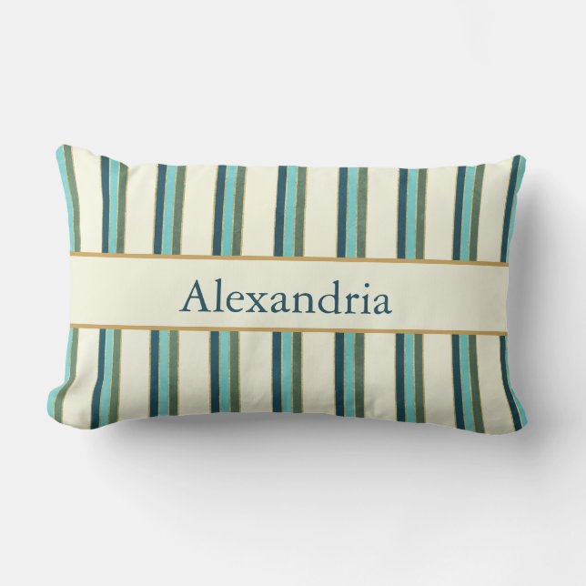 Almofada Lombar Personalized Art Deco Teal & Gold Stripes (Frente)