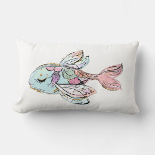Almofada Lombar Pêssego de Peixes Tropicais e Travesseiro Azul