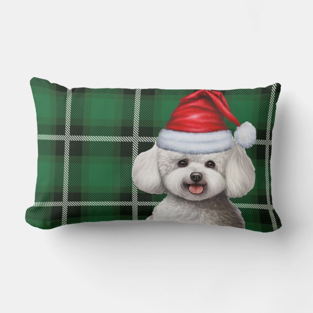 Almofada Lombar Pet Lover Natal Bichon Frise Dog Xadrez Verde (Frente)