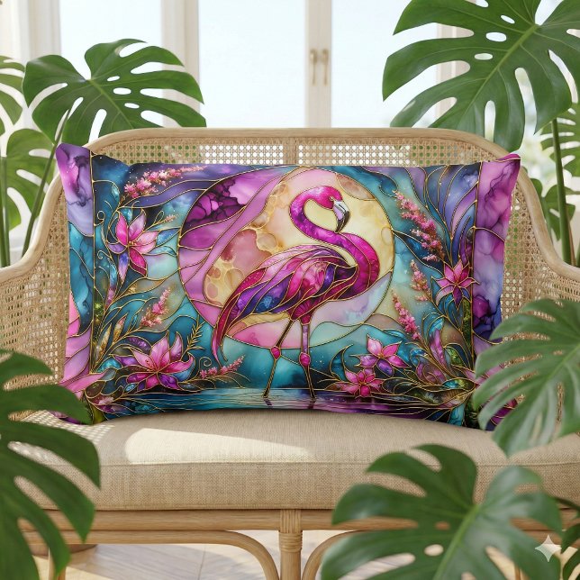 Almofada Lombar Pink Flamingo Stained Glass Mosaic (Pink Flamingo Stained Glass Mosaic Lumbar Pillow Mockup A)