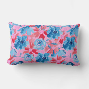 Almofada Lombar Pintado a mão a frio Floral em rosa azul vermelho