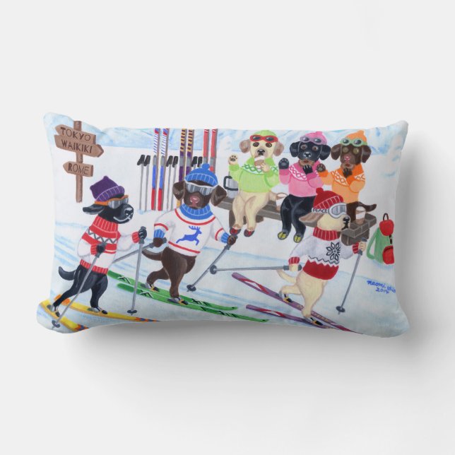 Almofada Lombar Pintura de esqui nórdica de Labradors (Frente)