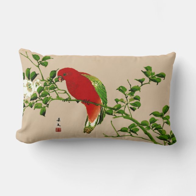 Almofada Lombar Pintura japonesa de papagaio, vermelho e verde (Frente)