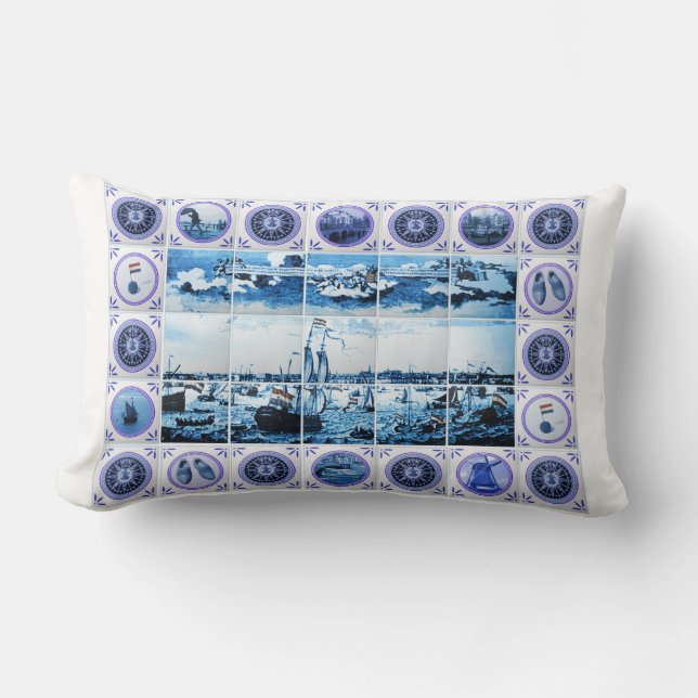 Almofada Lombar Pintura mural azul velha do azulejo do estilo de (Frente)