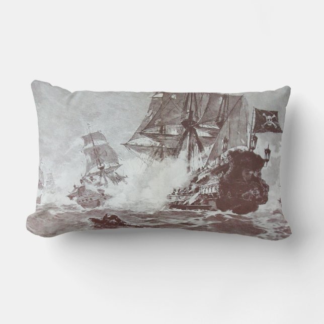 Almofada Lombar PIRATE SHIP BATTTLE EM preto branco (Frente)