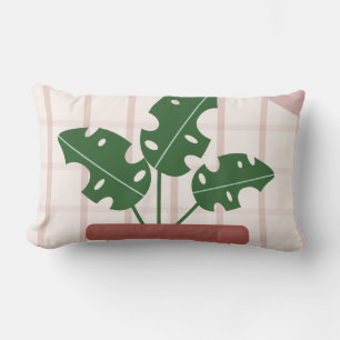 Almofada Lombar Plantas Monstera Fundo Xadrez Terracota Rosa
