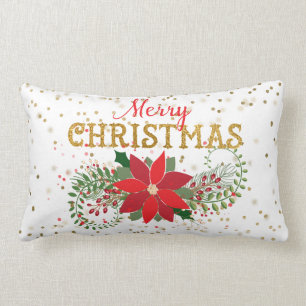 Almofada Lombar Poinsétia Dourado do brilho do Feliz Natal