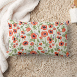 Almofada Lombar Pópias Laranja Vibrantes Cor de Água Padrão Floral