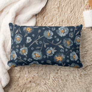 Almofada Lombar Poppies Cinza Azul Padrão Floral