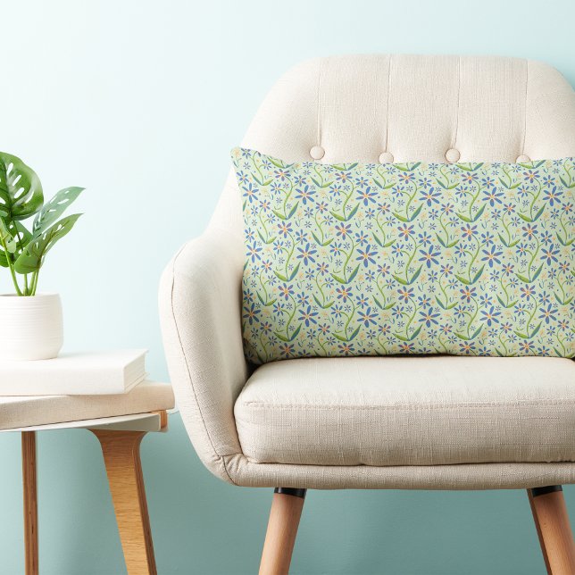 Almofada Lombar Prado | Margaridas Dançantes em Aquarela (Light and joyful dancing daisies floral pattern on a fresh mint green background. )