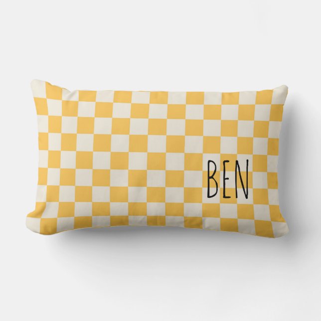 Almofada Lombar Preppy Check Modern Yellow White NAME Sweet (Frente)