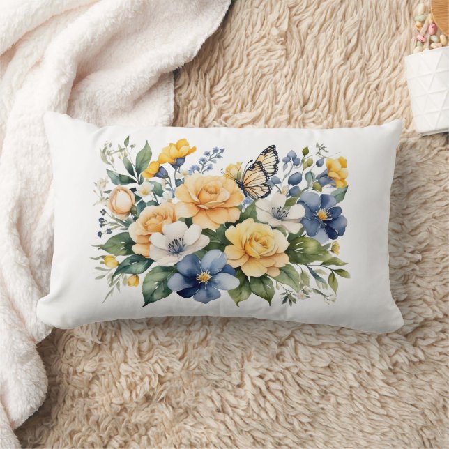 Almofada Lombar Presente de Aquarela Floral Borboleta Amarelo Azul (Cobertor)