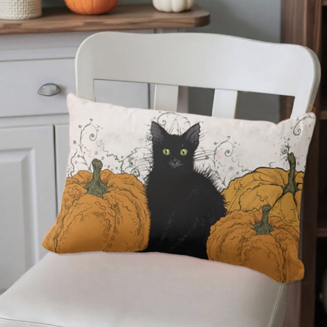 Almofada Lombar Preto Gato e Pumpkins Cair (Black cat and pumpkins throw pillow)