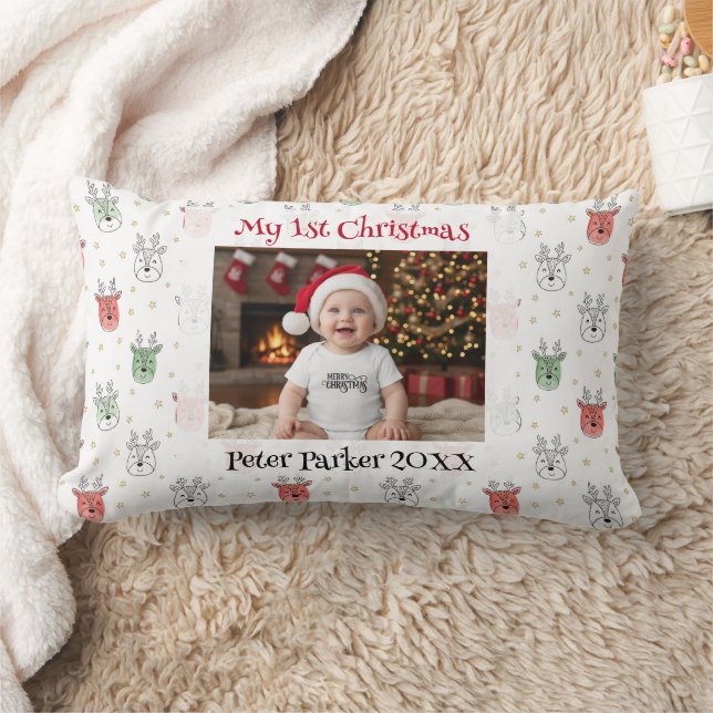 Almofada Lombar Primeiro Natal do Bebê Nome Personalizado Foto Ren (Cobertor)
