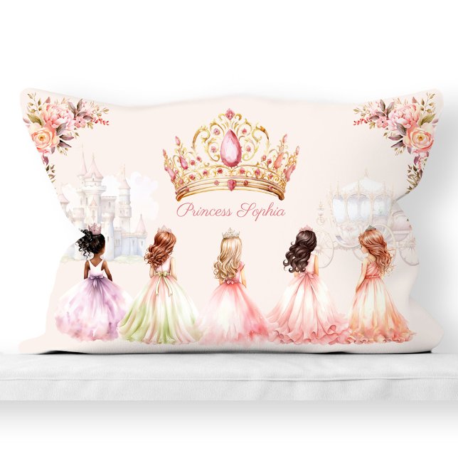 Almofada Lombar Princesa Coroa Rosa Dourada (Princess Crown Pink Gold Floral Girl Name Lumbar Pillow)