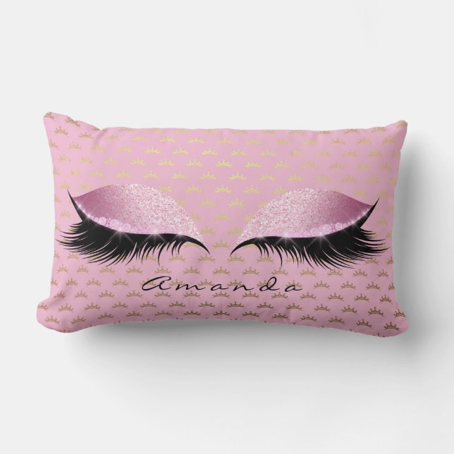 Almofada Lombar Princesa Rosa Dourada Lashes Lashes Nome Coroa (Frente)