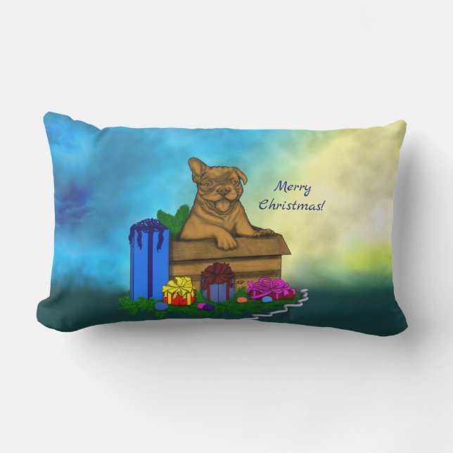 Almofada Lombar Puppy em uma caixa, Merry Xmas (Frente)
