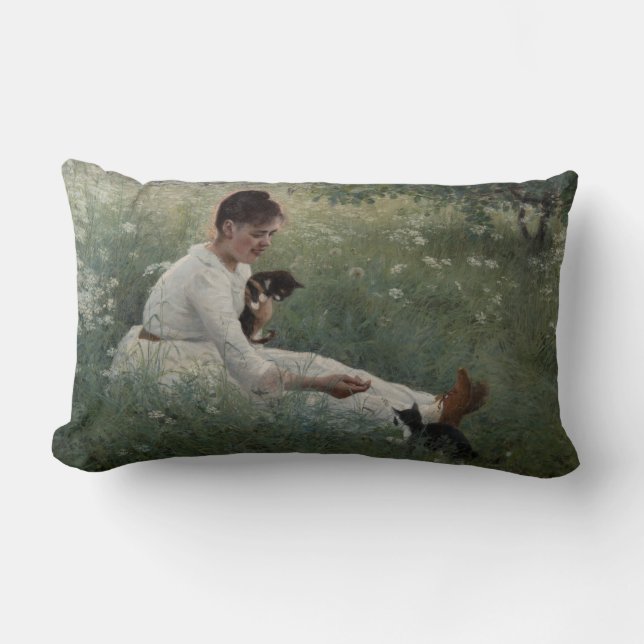 Almofada Lombar Rapariga com Gatos na Paisagem de Verão (Kittens) (Frente)